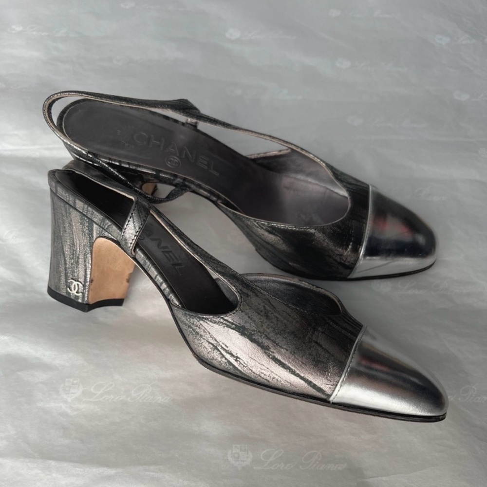 Chanel Metallic Black & Silver Slingback Block Heel Pumps size 36.5